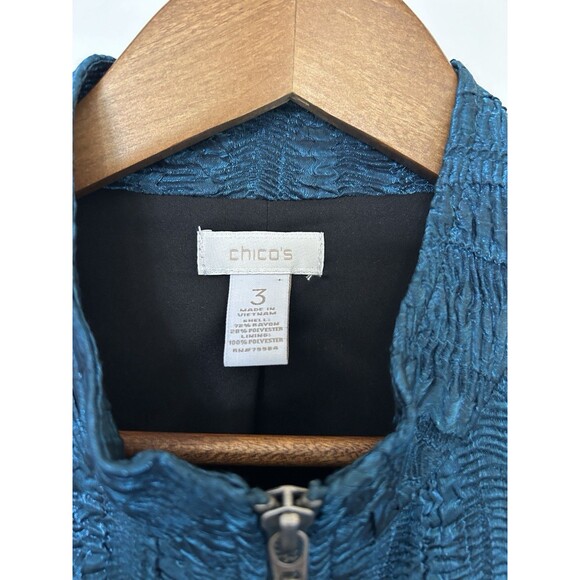 Chicos Womens Jacket Size 3 Shimmer Teal Textured Retro Elegant Dressy Casual - Picture 4 of 12